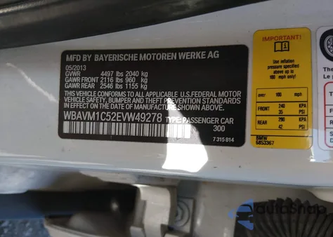 2014 BMW X1 Sdrive28I from USA, damaged, VIN WBAVM1C52EVW49278